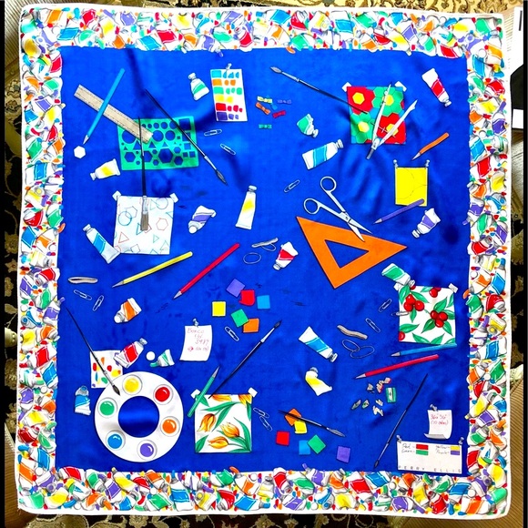 VTG 70’s Perry Ellis silk scarf painter theme print Royal blue & primary colors